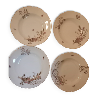 Lot de 4 assiettes creuses, à décor de fleurs et papillons, porcelaine  de Limoges, Haviland vintage