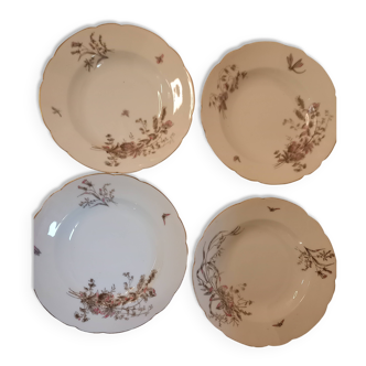 Set of 4 soup plates, decorated with flowers and butterflies, Limoges porcelain, vintage Haviland