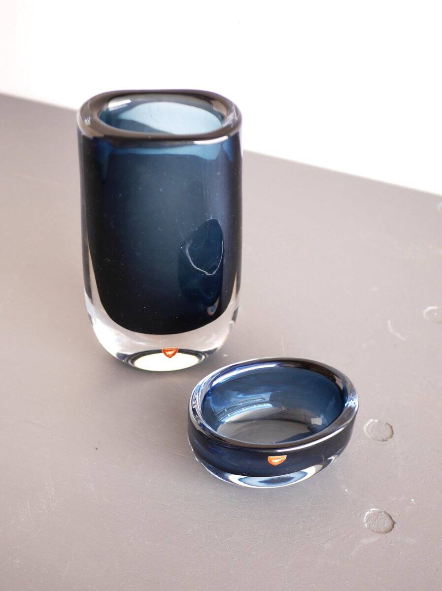 Vase et coupelle en verre par Landberg pour Orrefors