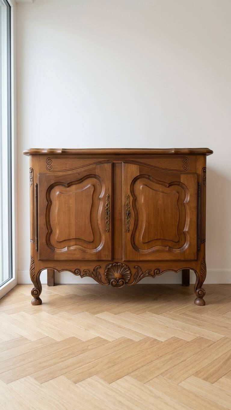 Small antique buffet in carved wood, Traditional style.