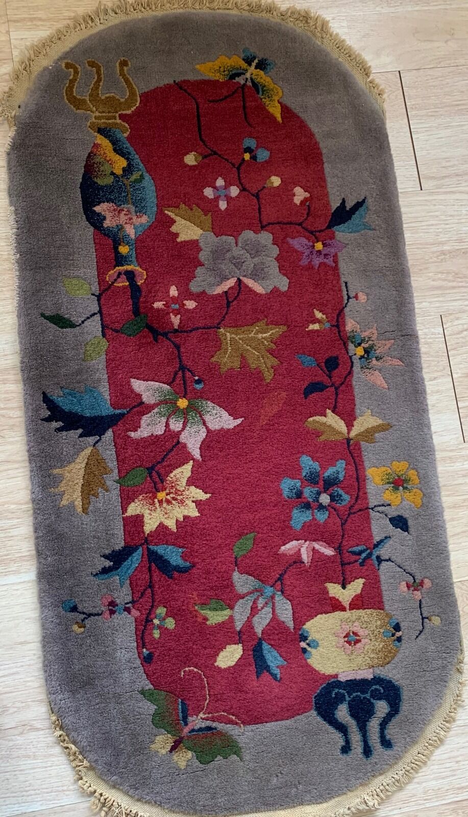 Antique Chinese carpet Art Deco handmade 64cm x 120cm 1920s, 1B876