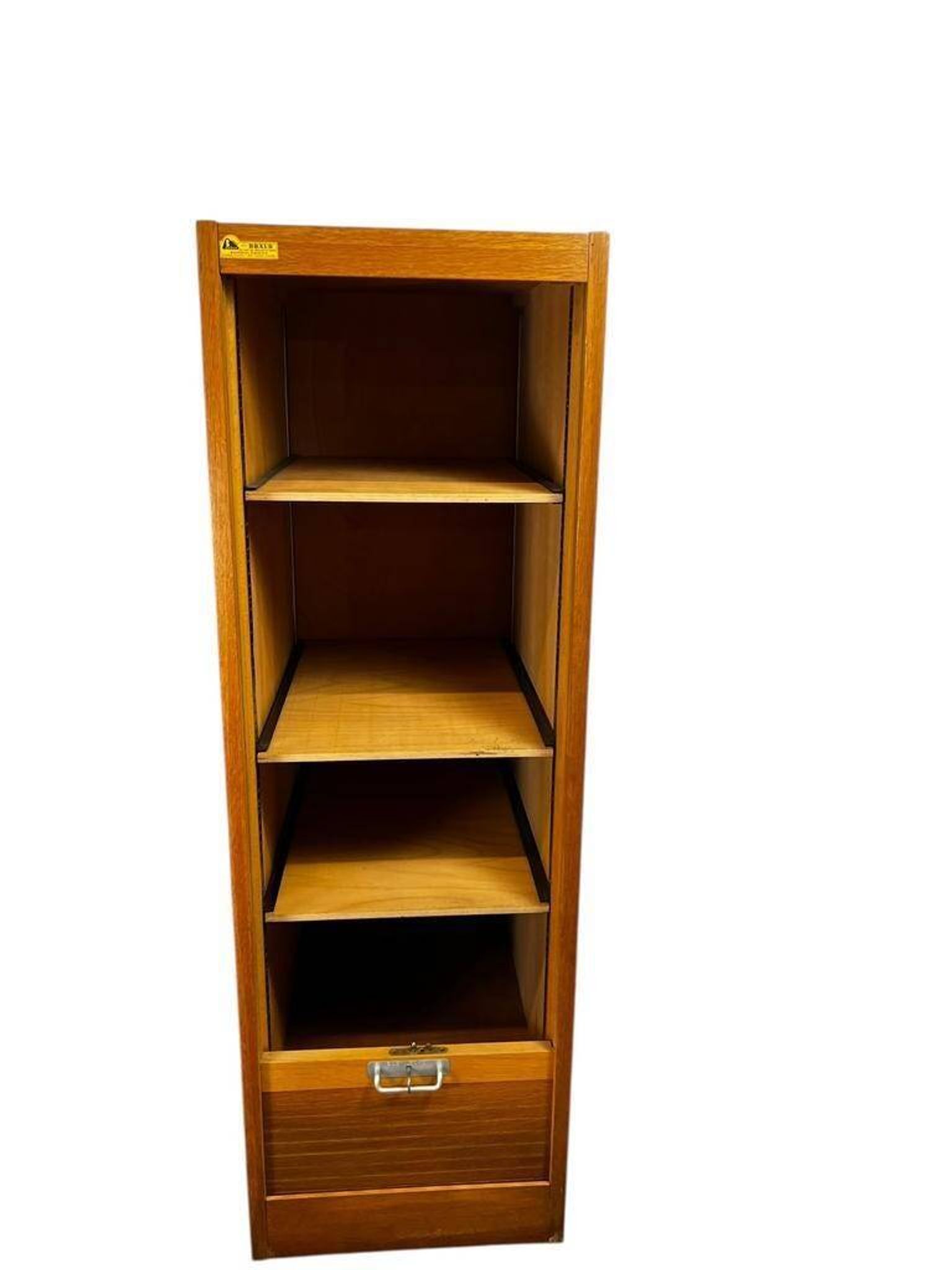 Narrow vintage wooden cabinet with roller shutter 'Soennecken'