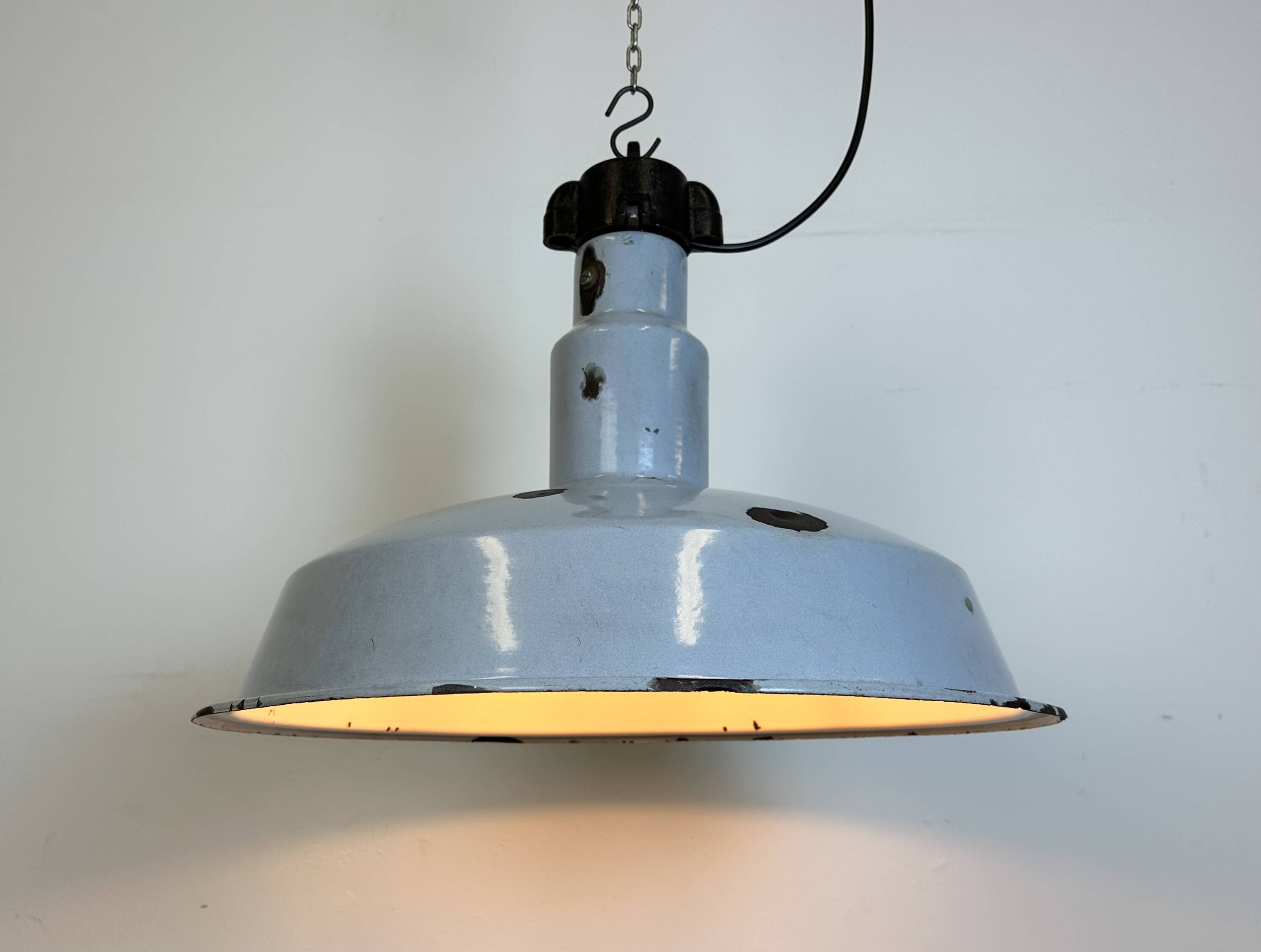 Large Industrial Midcentury Grey Enamel Factory Lamp, 1950s