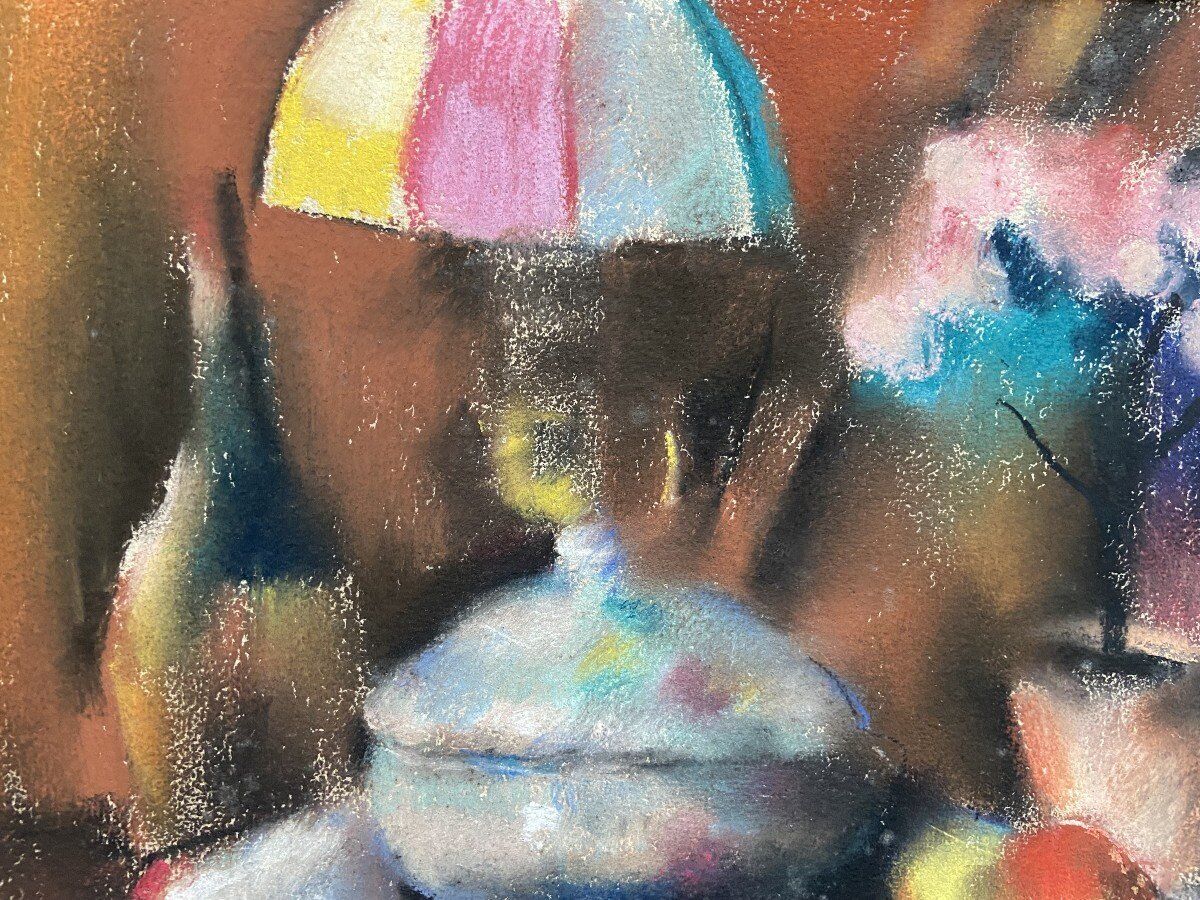 Still life with lamp, signed pastel