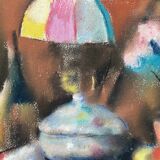 Still life with lamp, signed pastel