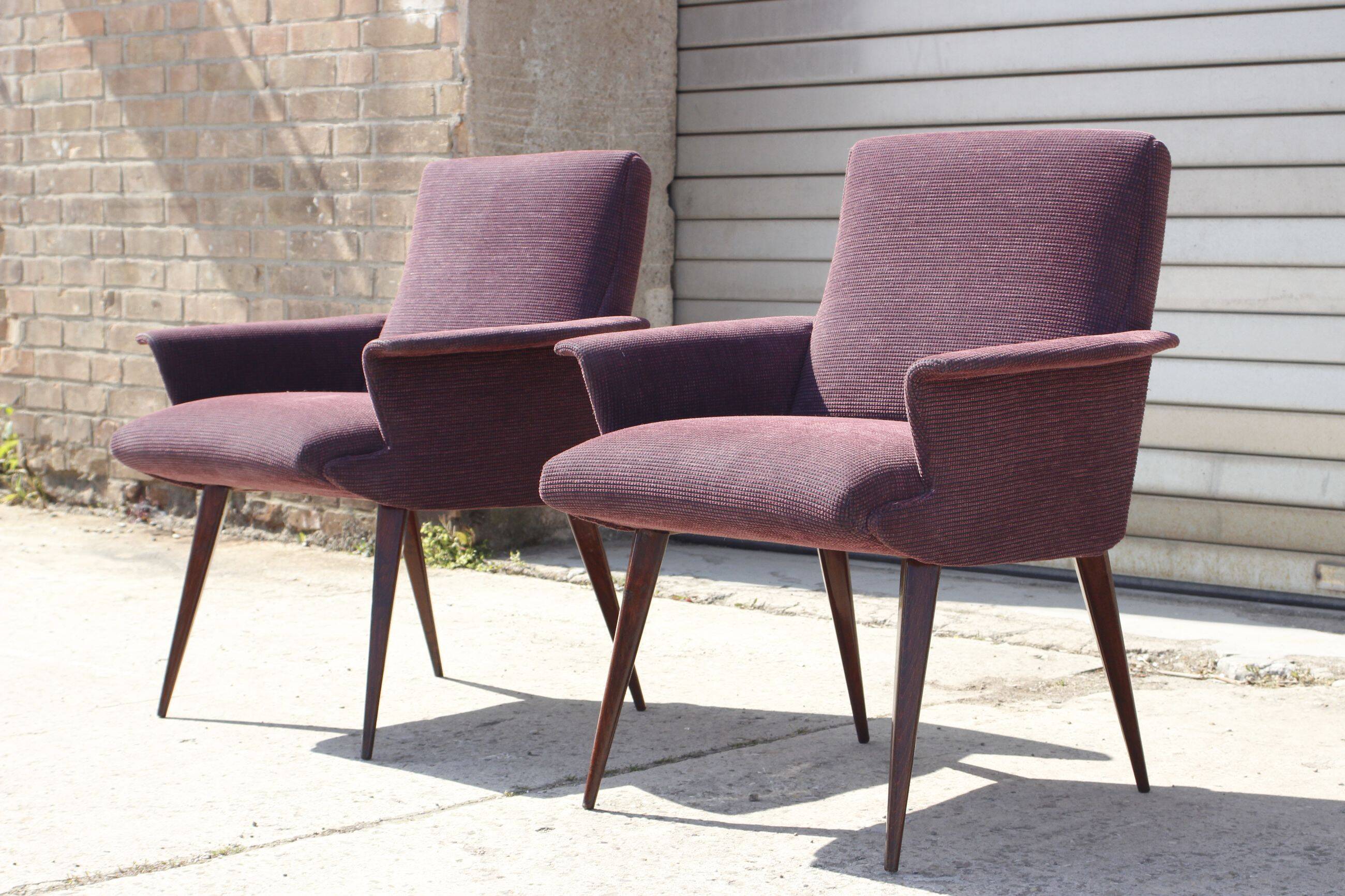Pair of vintage purple velvet compass foot armchairs 1950s