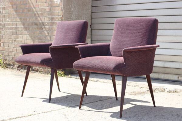 Paire de fauteuils vintage pied compas velours violet 1950s