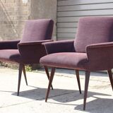 Pair of vintage purple velvet compass foot armchairs 1950s