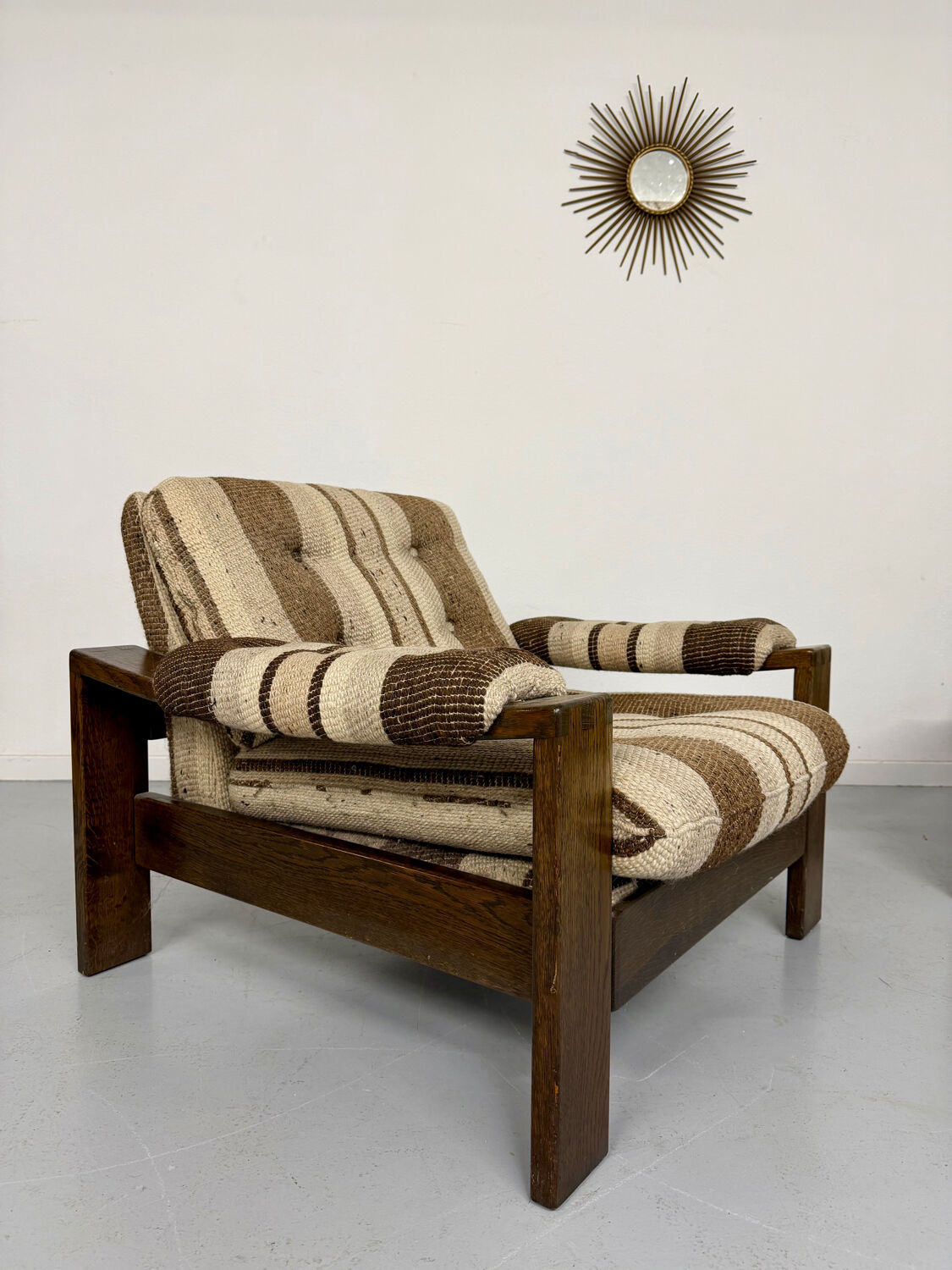 2 vintage 1970s wooden and fabric armchairs