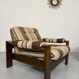 2 vintage 1970s wooden and fabric armchairs