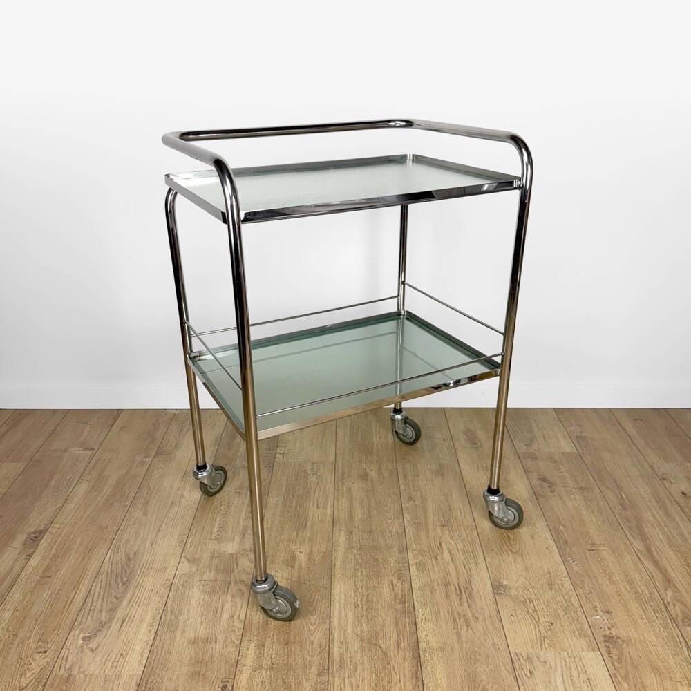 Modernist chrome and vintage frosted glass serving trolley
