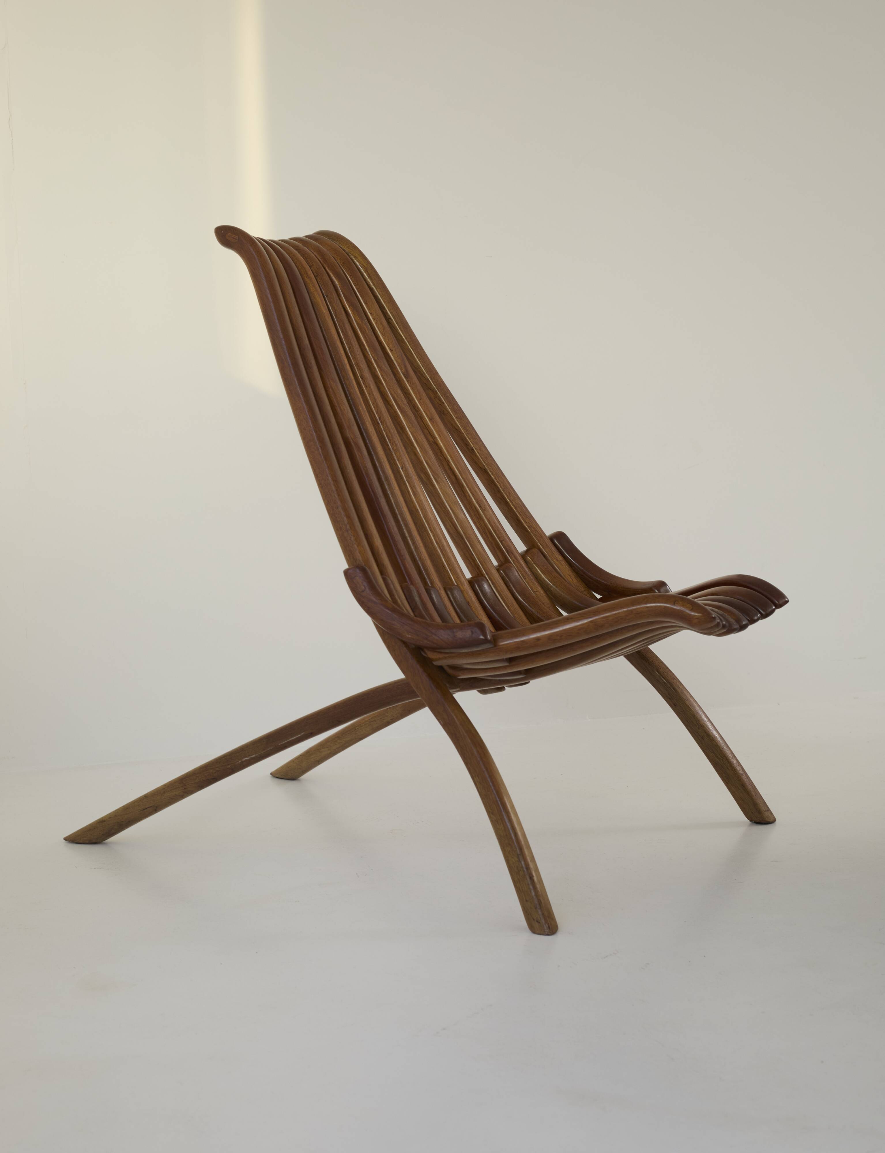 Handcrafted folding chair in solid wood (Iroko) vintage circa 1970.