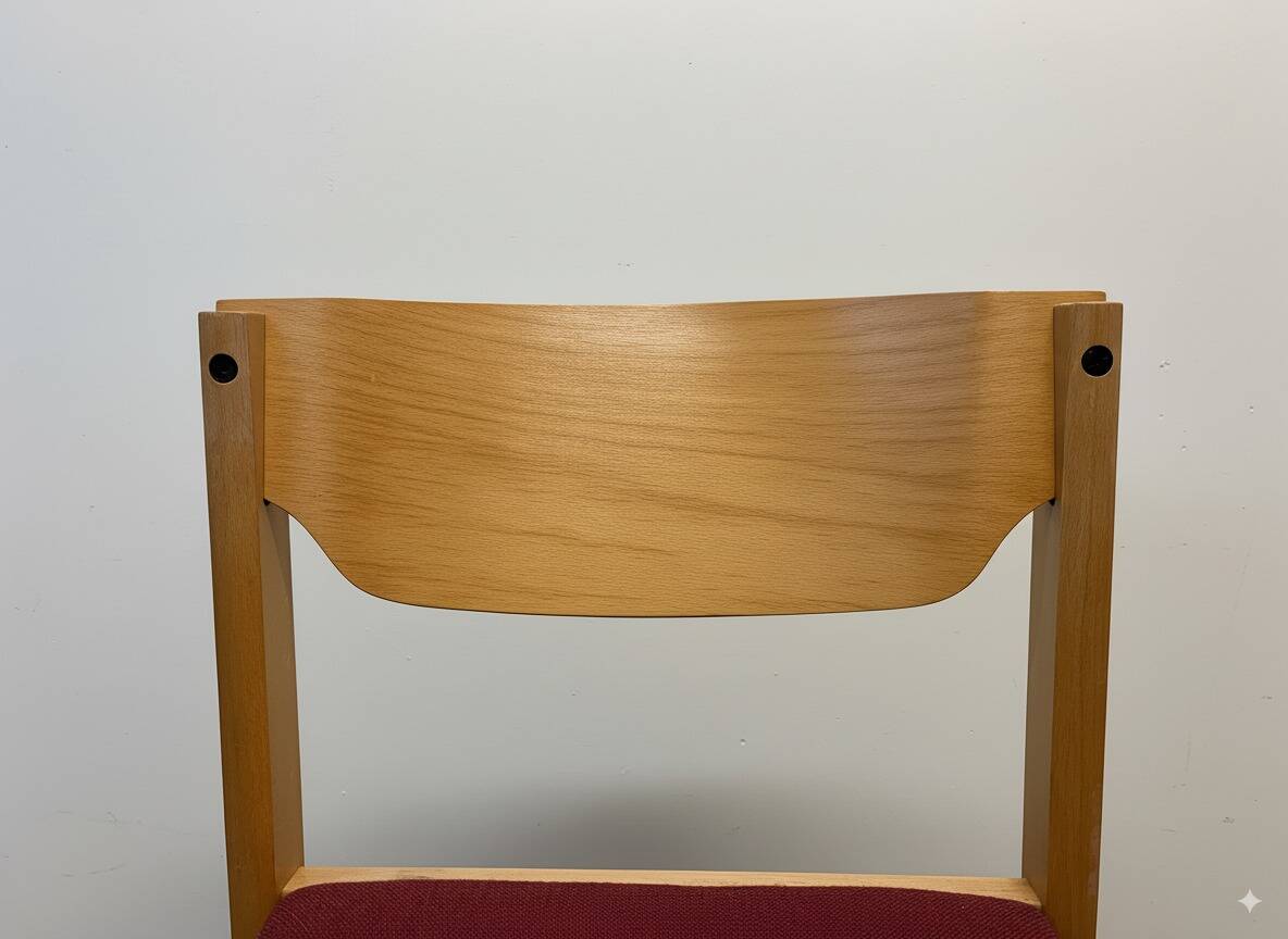 Scandinavian style oak and burgundy chair without armrests