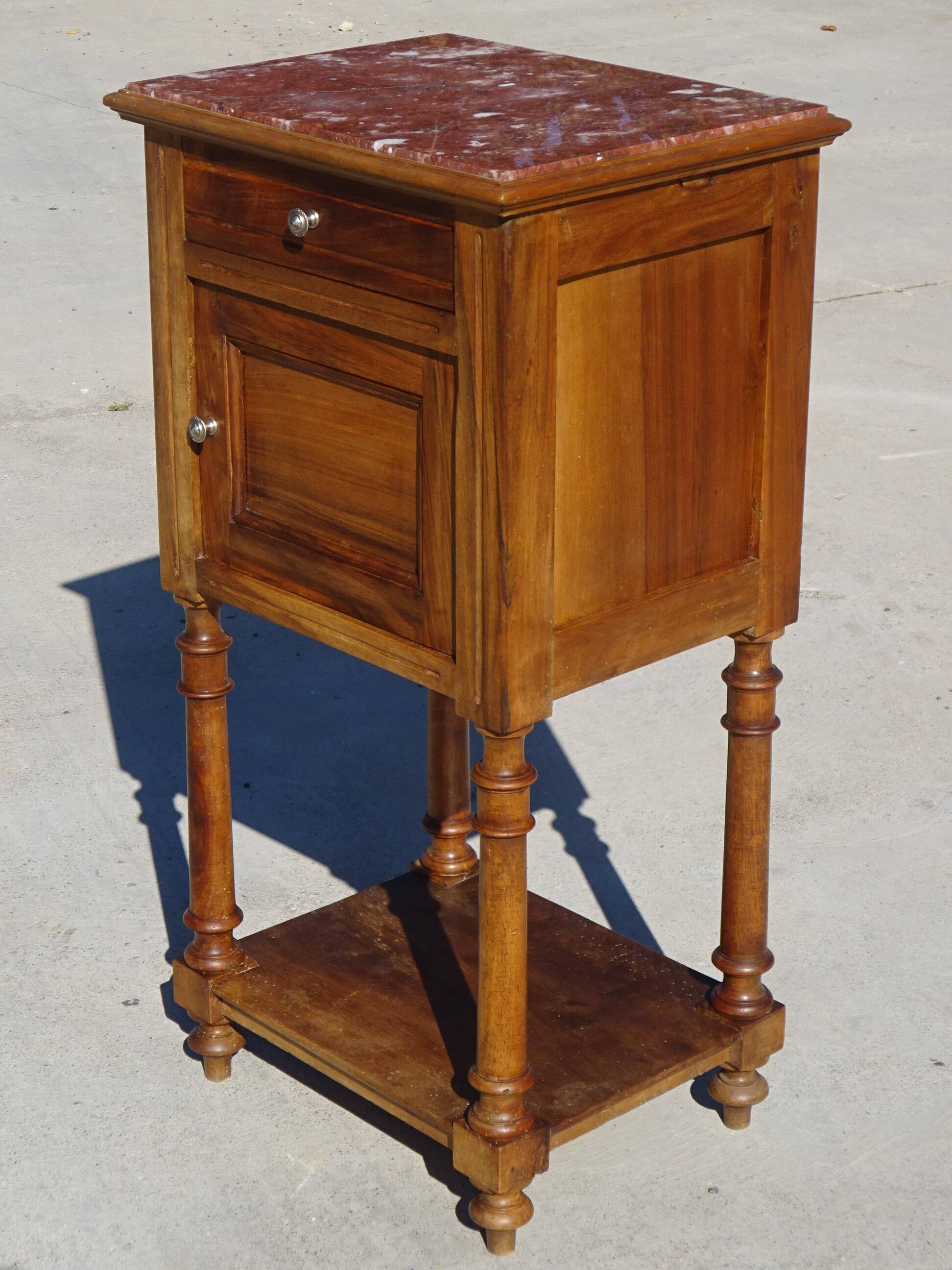 Antique Louis XVI style bedside table in walnut, with a marble top.