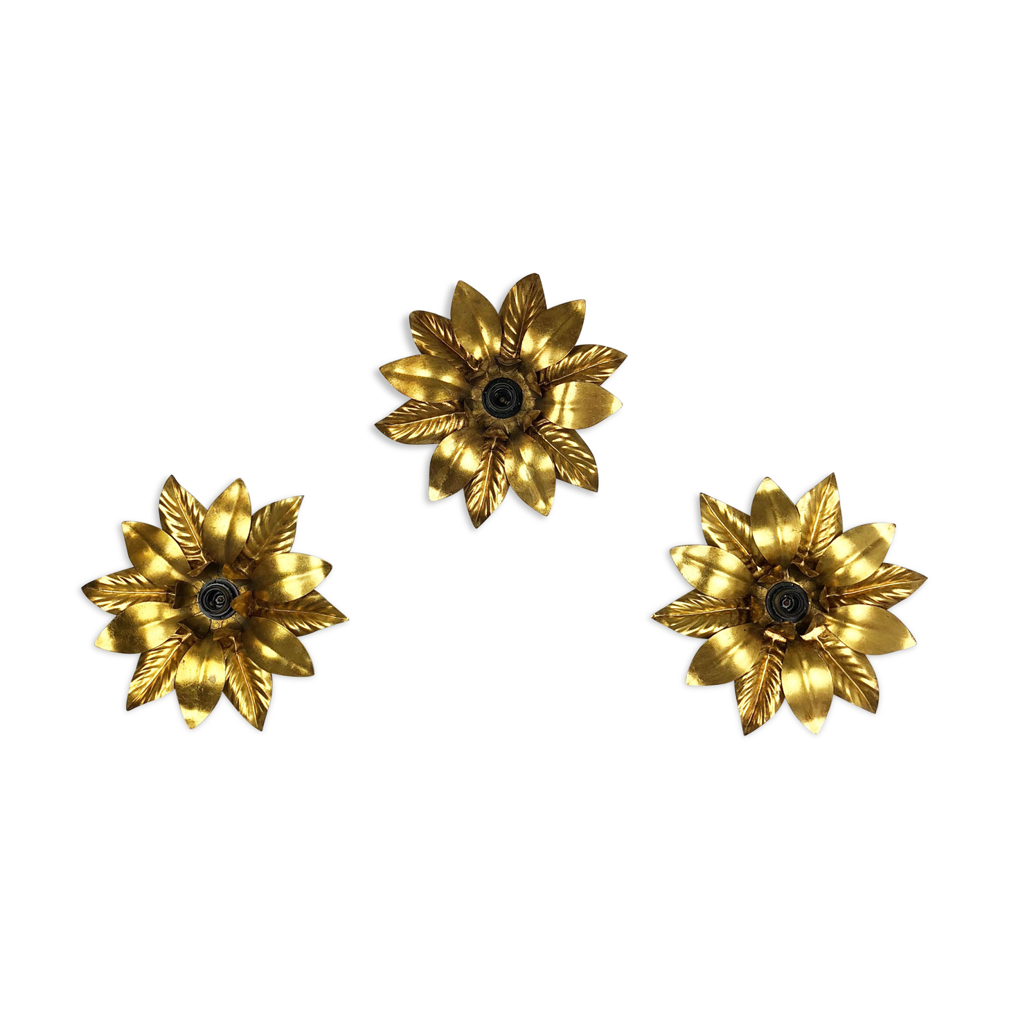 Set of 3 Golden Florentiner Leaf Theatre Wall Ceiling Light Sconces, Italy 1960s