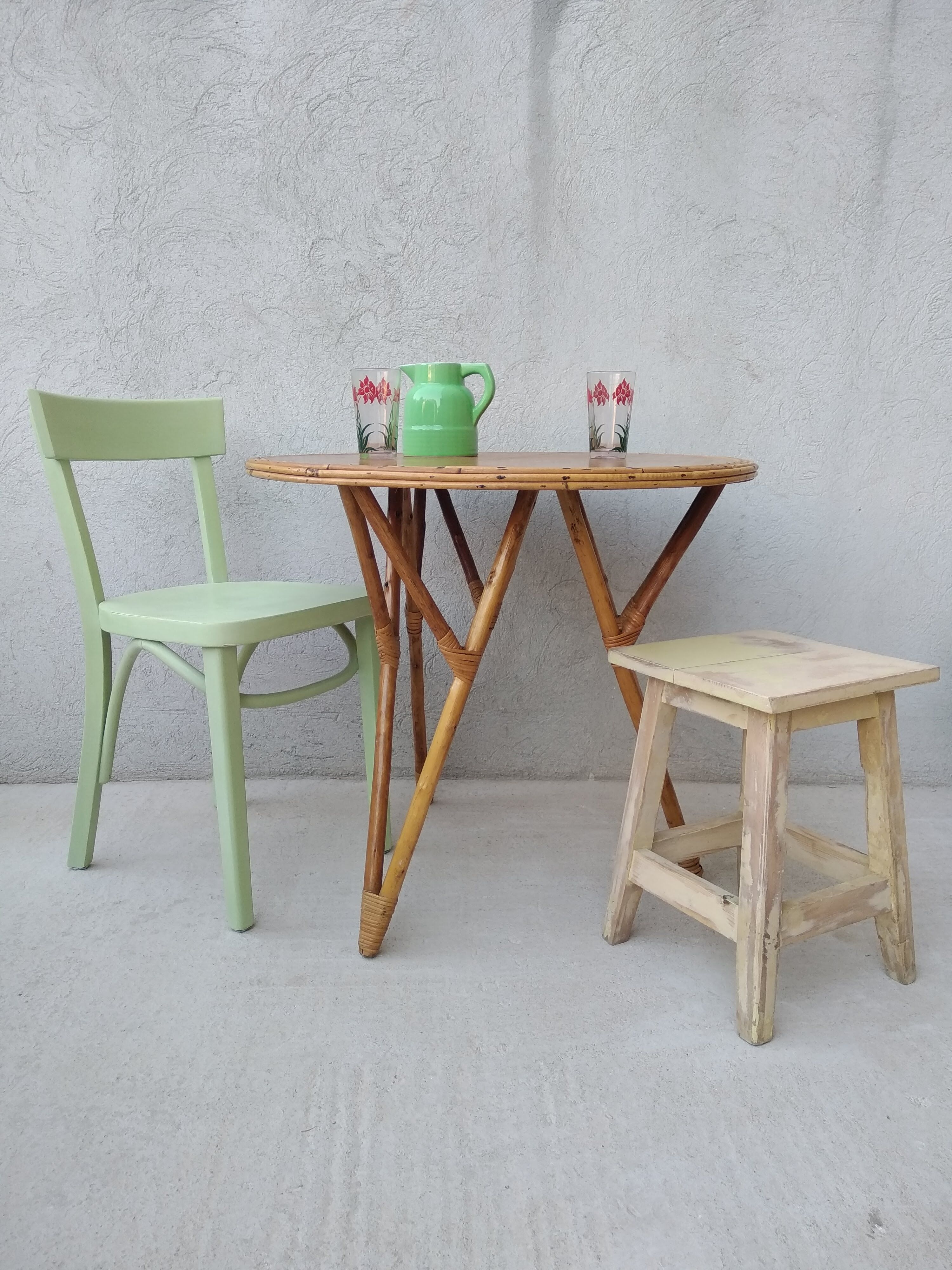 Old bistro chair green curved wood