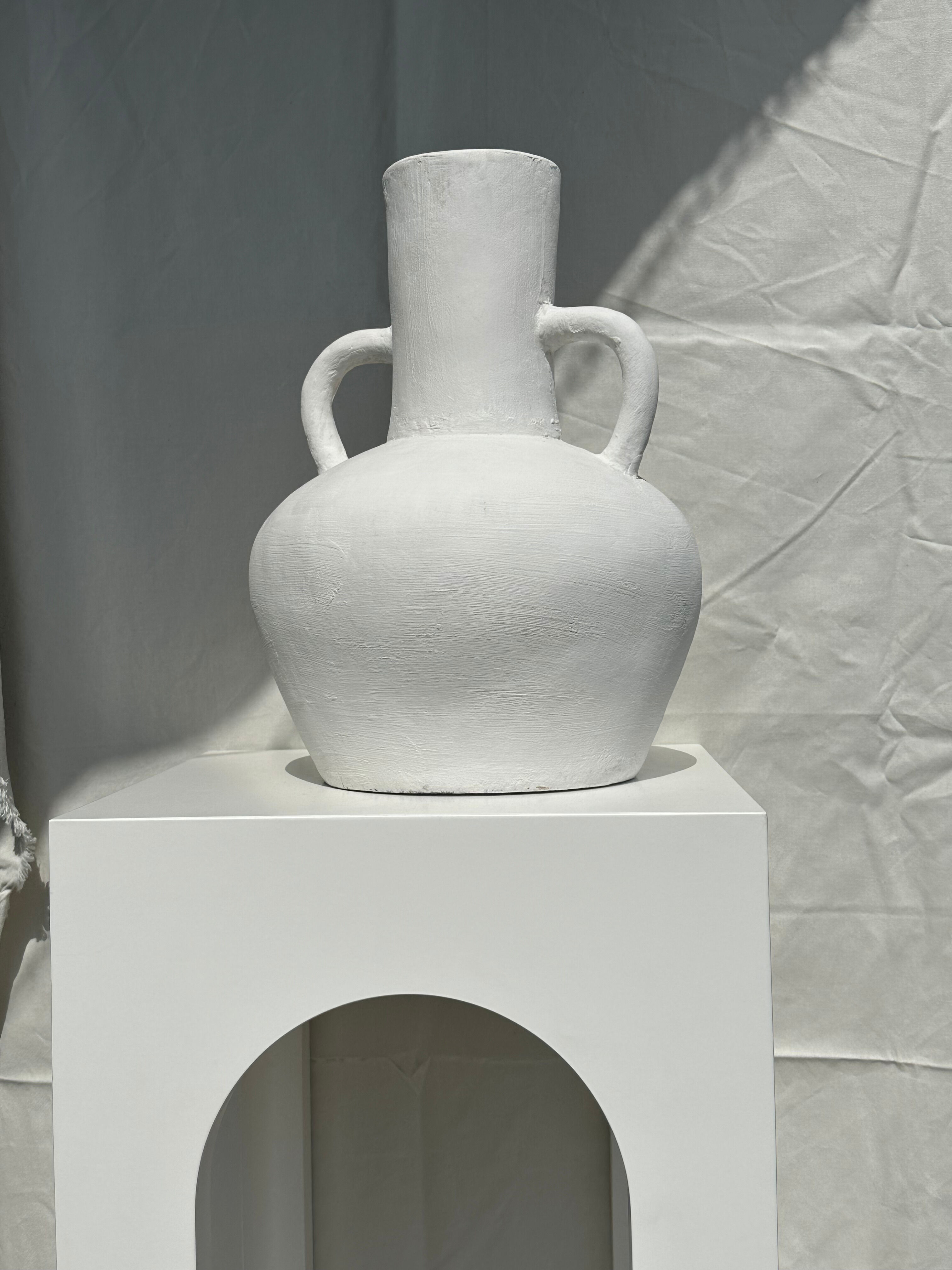 Handcrafted terracotta vase painted white with double handles h:40 d:30