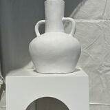 Handcrafted terracotta vase painted white with double handles h:40 d:30