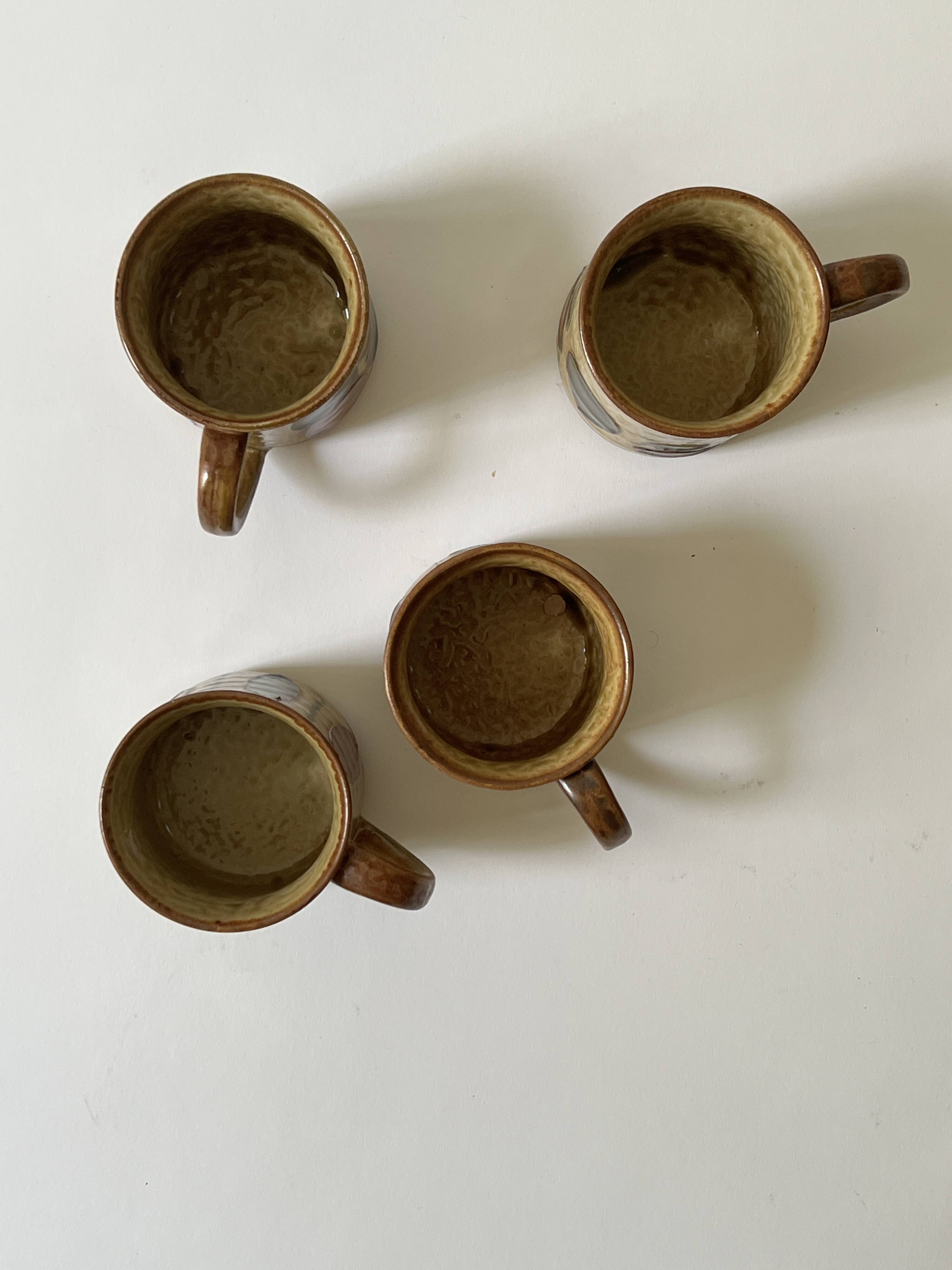 Set of 4 glazed ceramic coffee cups, circa 1970