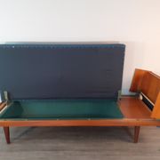 Norwegian daybed sofa in teak and blue fabric, renovated, vintage scandinavian 1960s