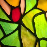 Antique bronze lamp and Tiffany-style stained glass shade. 46x32