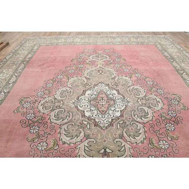 1970s Vintage Persian Handmade Wool Cotton Pink Area Rug 290x393