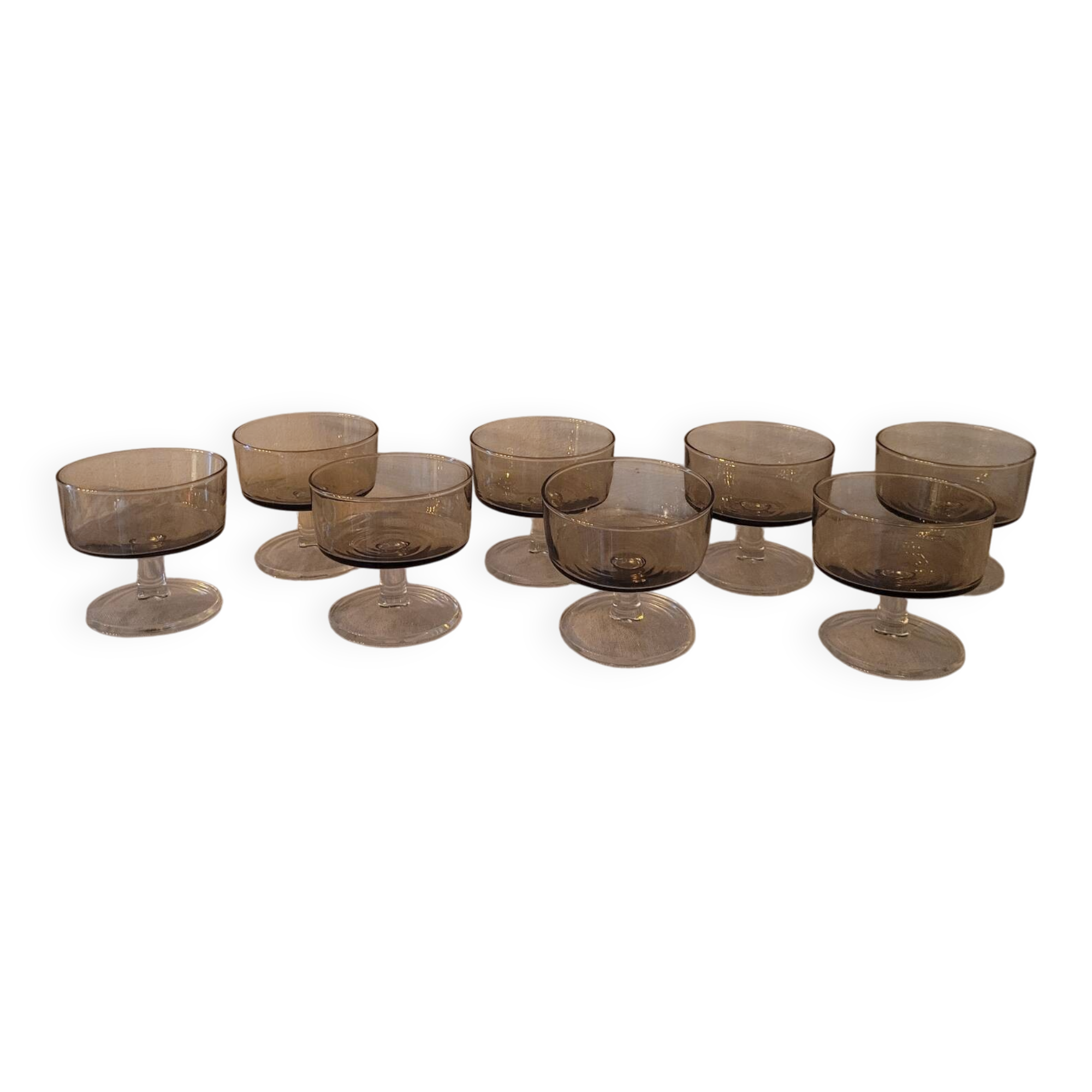 Set of 8 smoked and clear glass cups from the 70s, 80s.