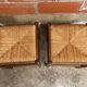 Pair of vintage wooden stools with woven straw seats