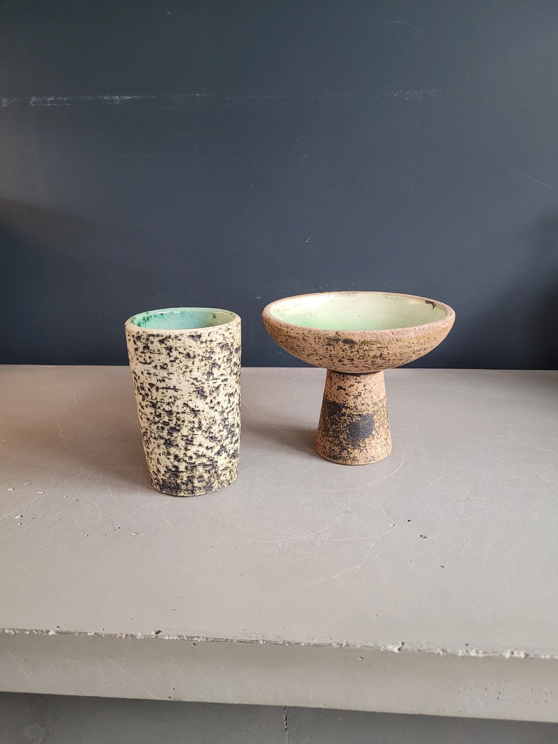 Brutalist ceramic vase and candlestick set