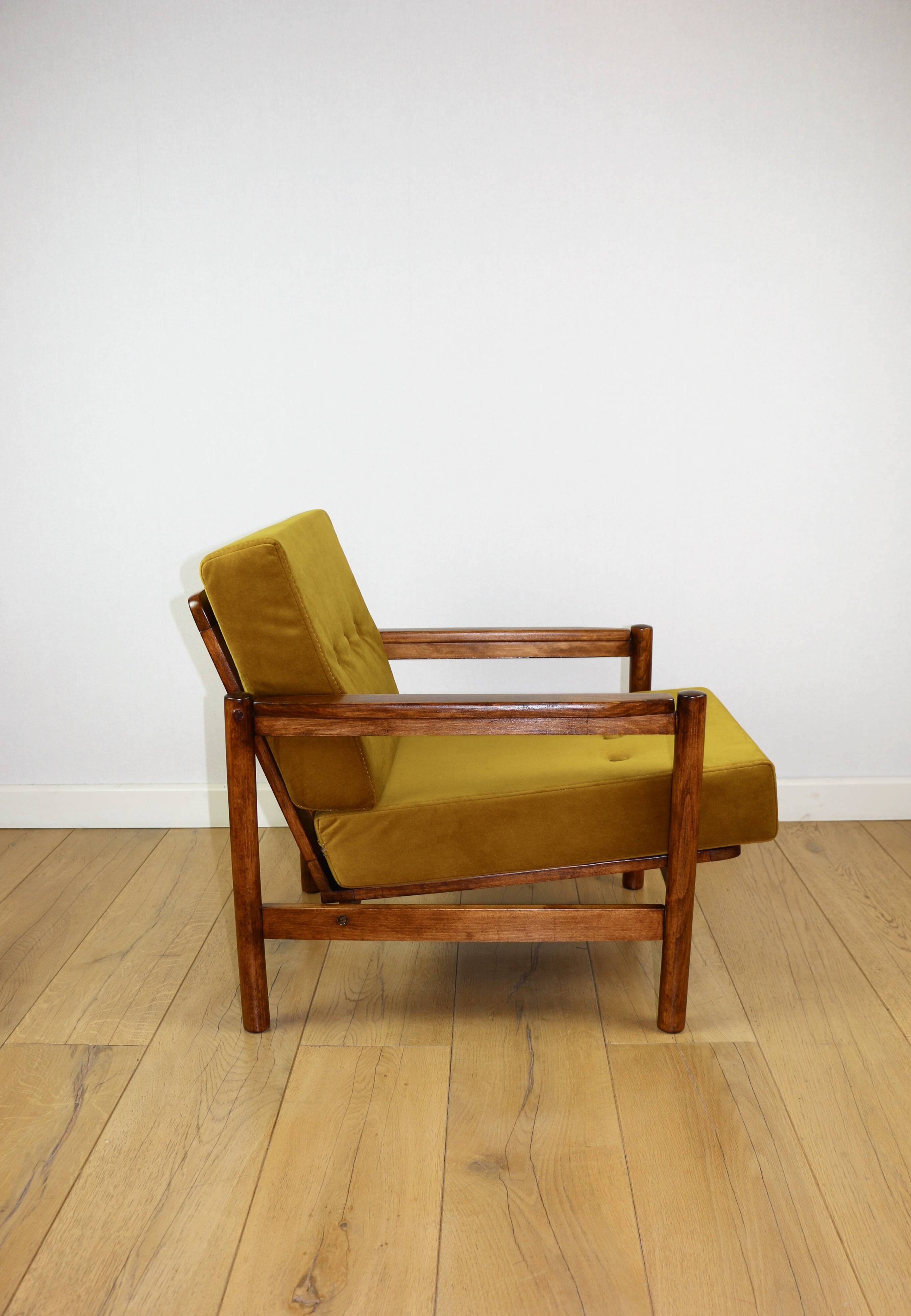 Wooden armchair designed by Z. Baczyk brown vintage yellow-olive