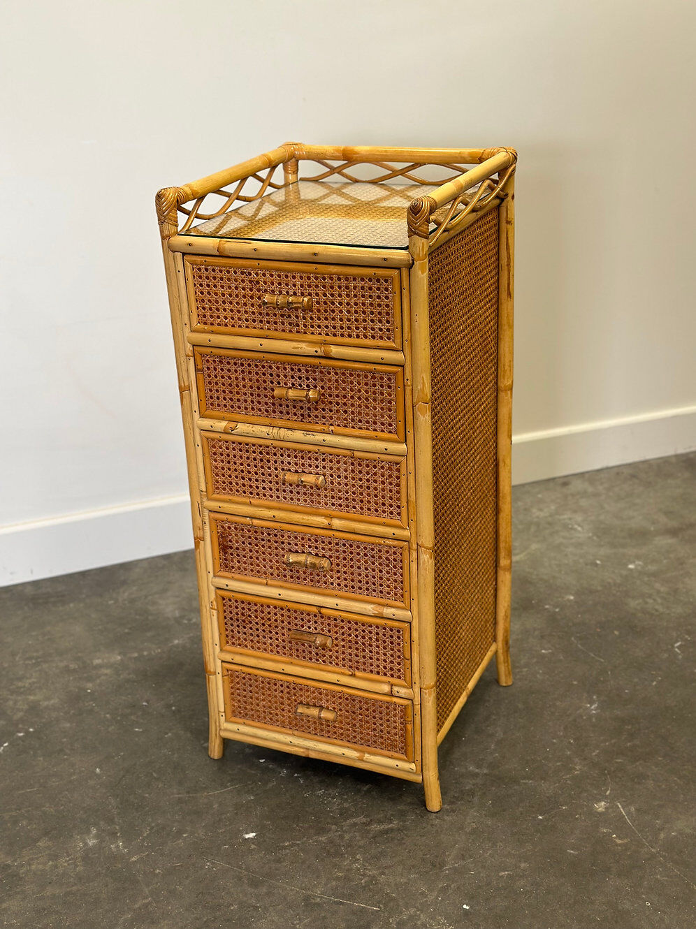 Mid-century rattan highboy / tallboy chest of drawers by Angraves, England, 1970