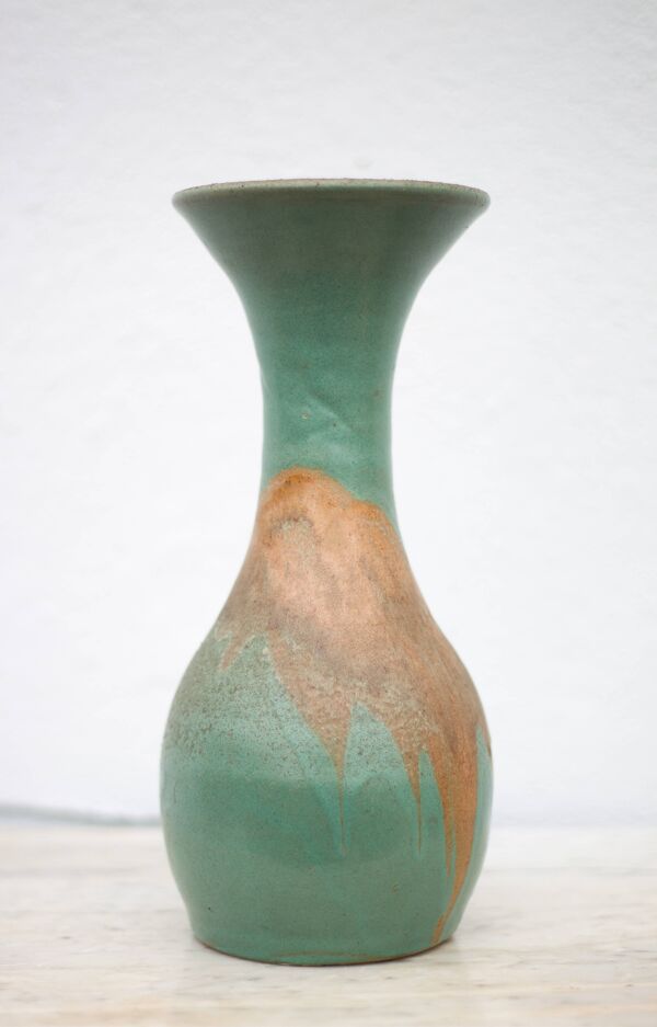 Vase vintage, vase balustre style raku, vase grand col, vase céramique vert céladon