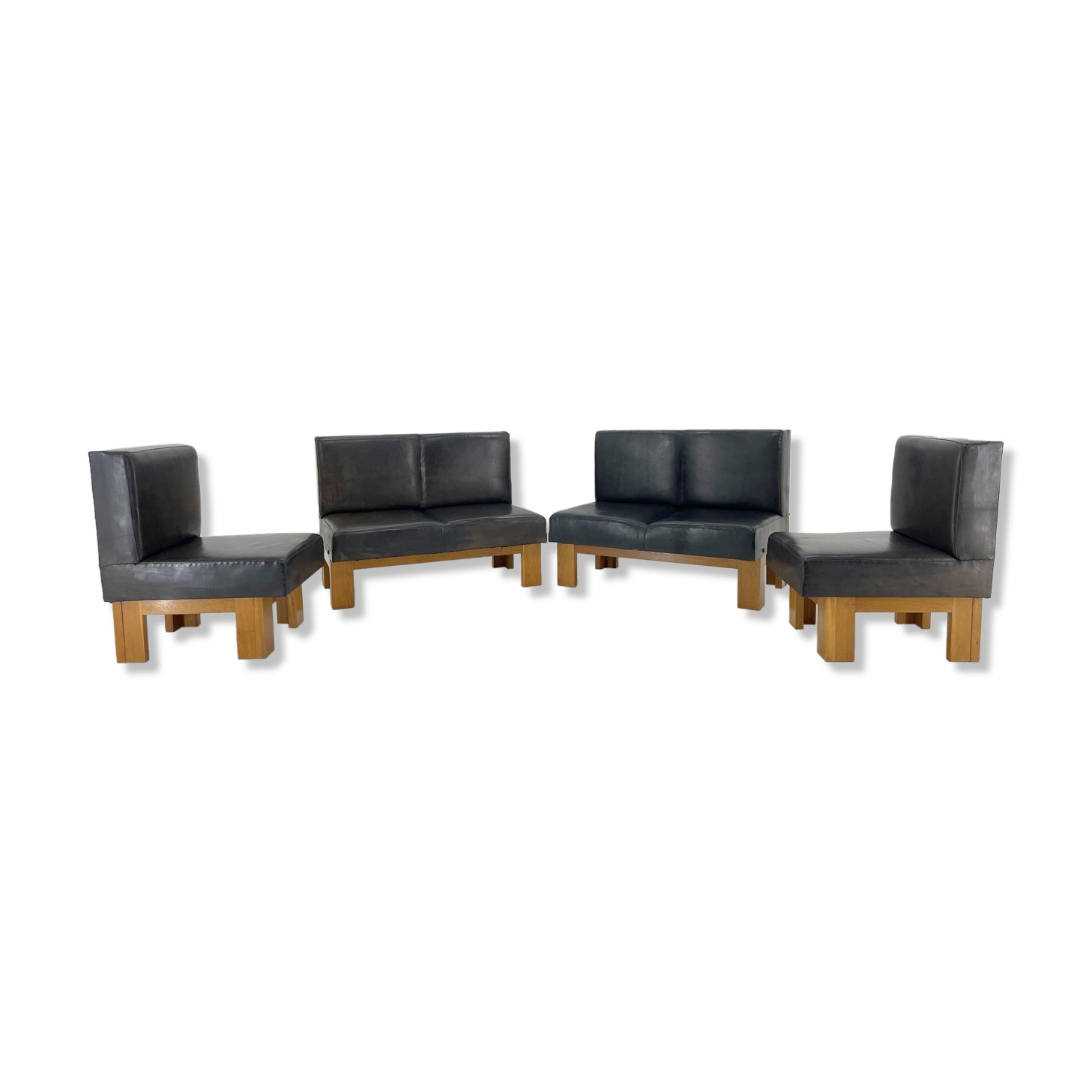 Leather & Oak Wood Modular Sofa and Chairs, 1970's