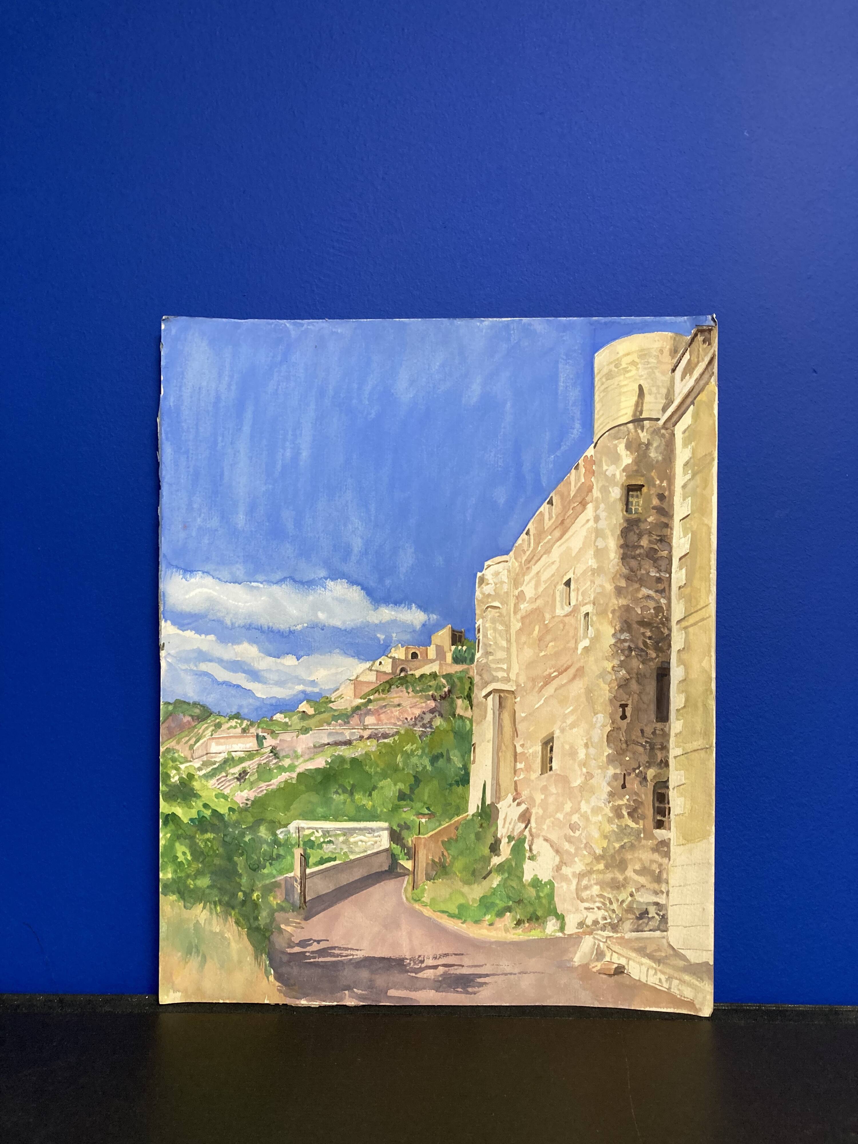 Watercolor Provencal landscape with fortified ramparts