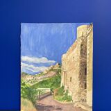 Watercolor Provencal landscape with fortified ramparts