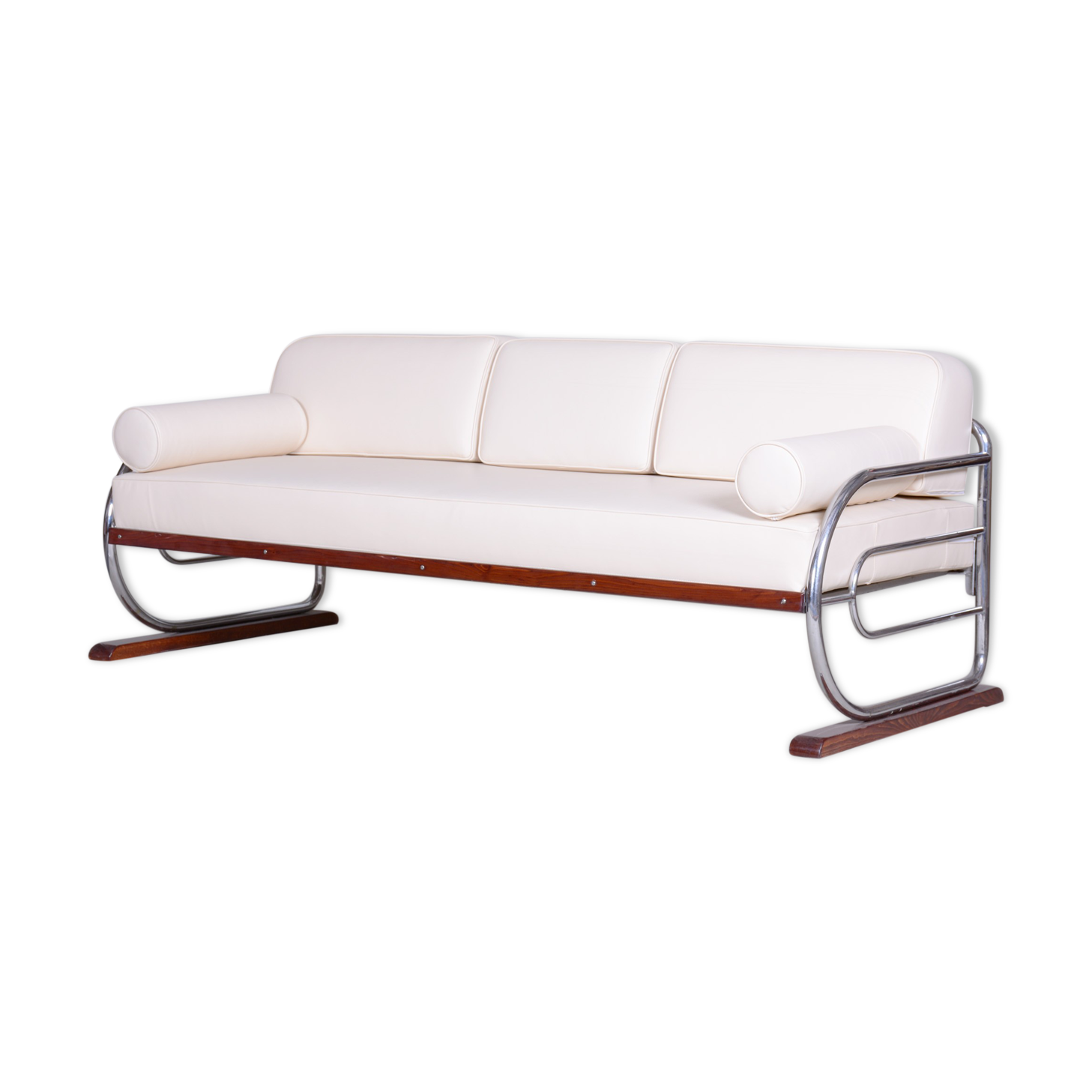 White Slezák sofa - 1930s Czechia - Leather, Beech and Chrome