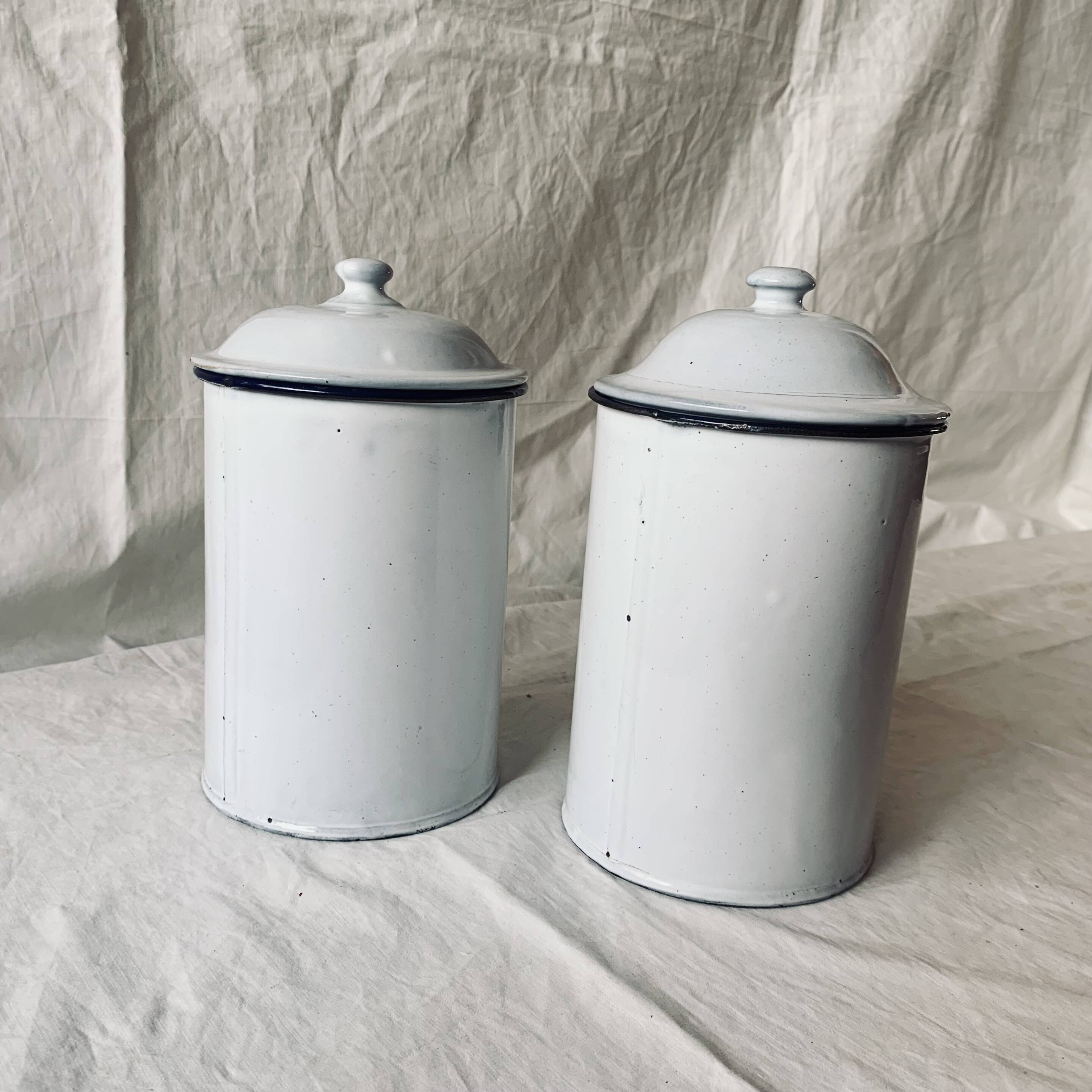 Pair of old large enameled sheet metal condiment pots