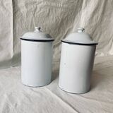 Pair of old large enameled sheet metal condiment pots