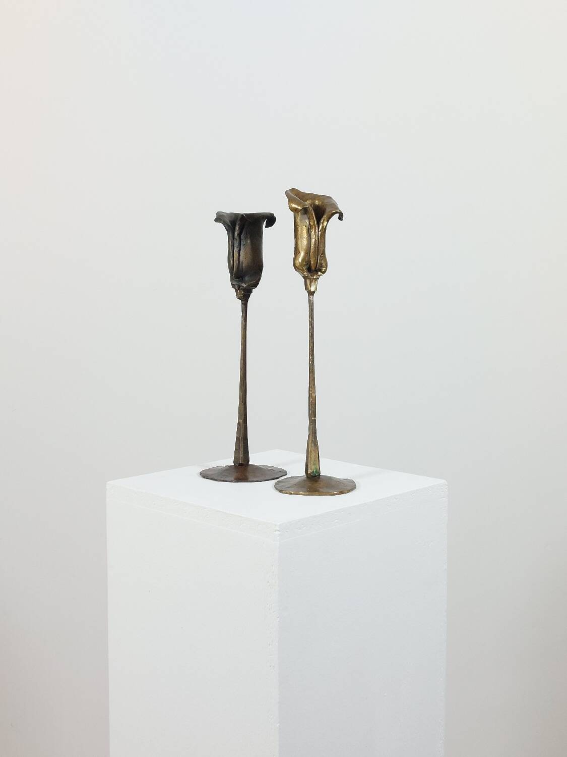 Pair of vintage brass candle holders with tulip decoration.