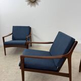 Set of 2 Scandinavian design teak armchairs from the 60s, new blue fabric
