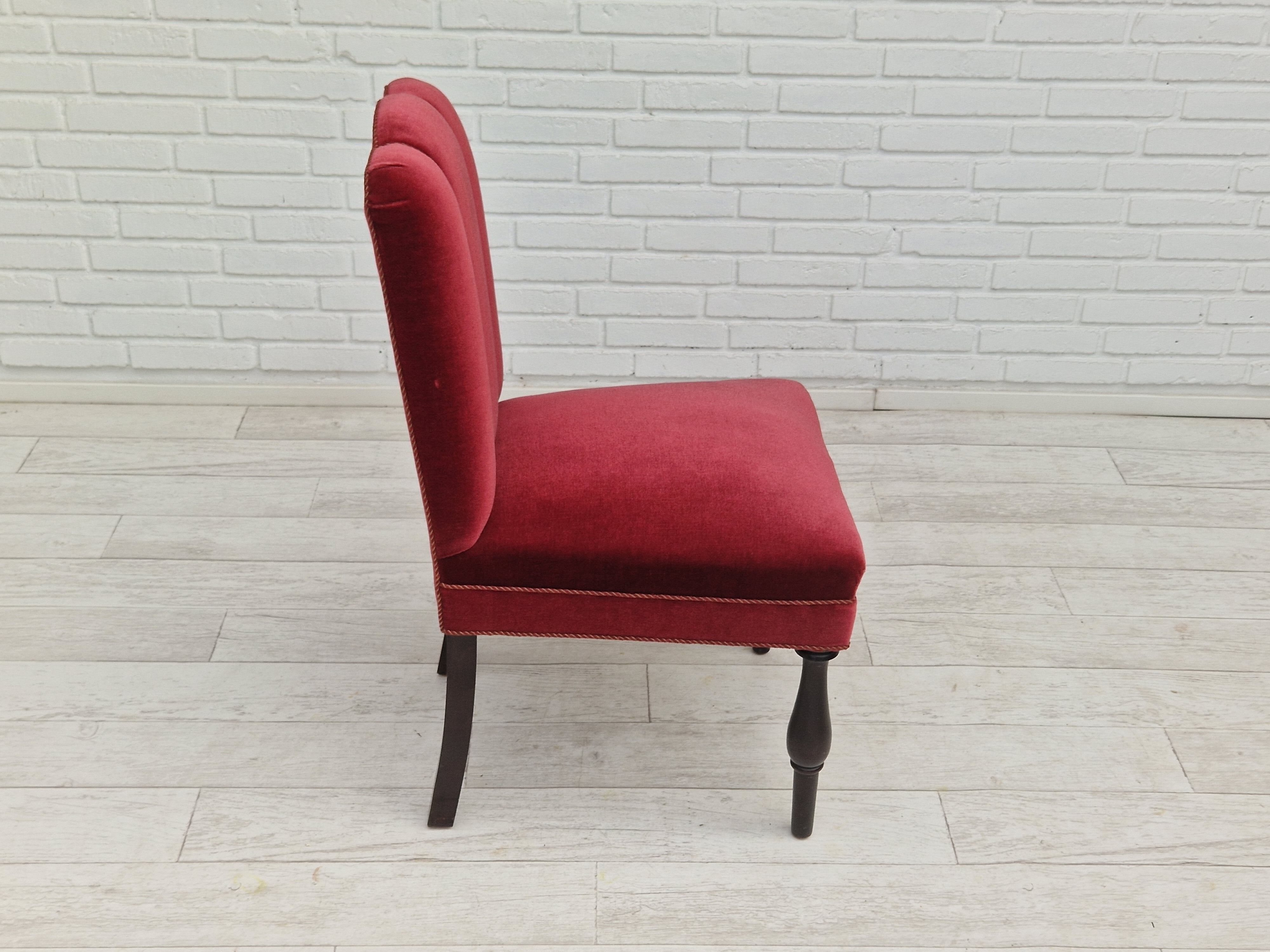 Set of 4 dinning chairs, oak wood, cherry-red velour, 1950s, danish design