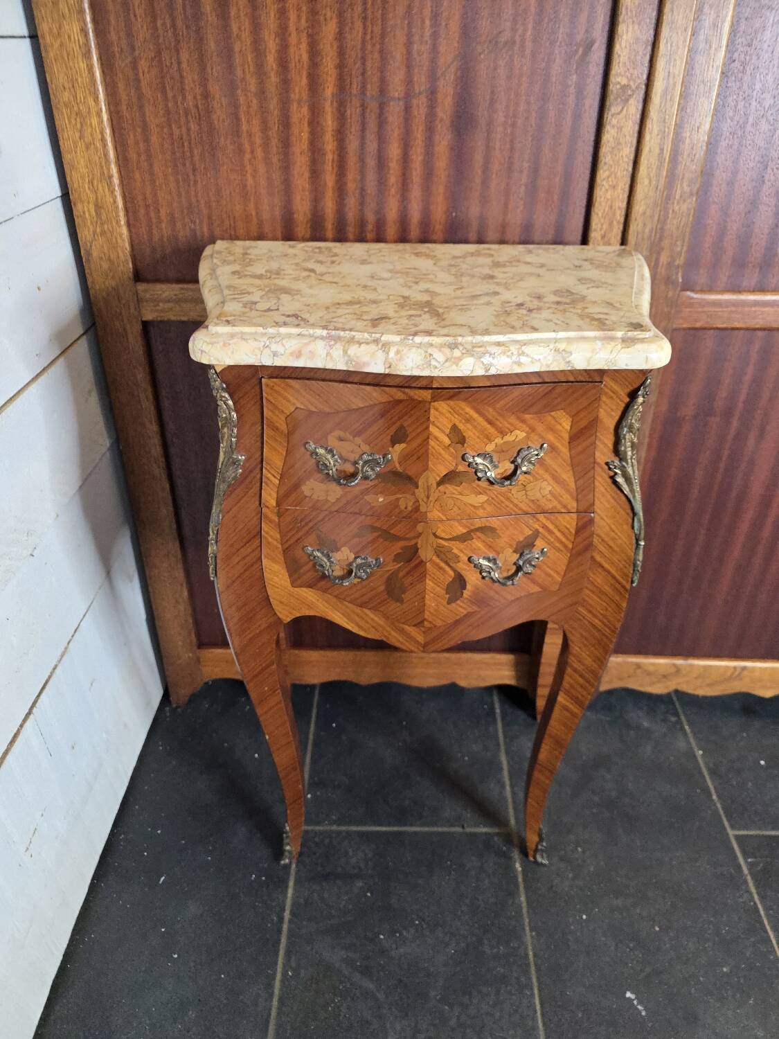 Louis XV style curved bedside table in marquetry