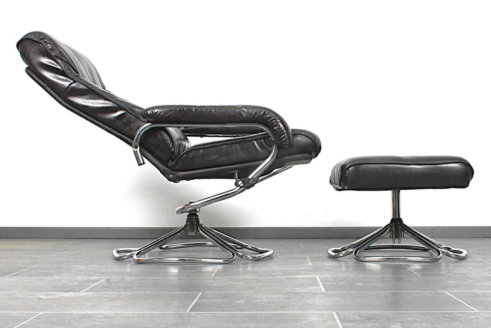 Unico 1970s Dark Brown Leather Lounge Chair and Ottoman Set of 2
