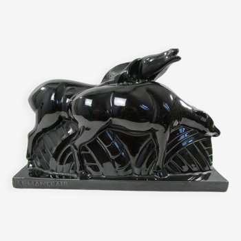 Couple of antelopes, LEMANCEAU, black ceramic, Saint Clément