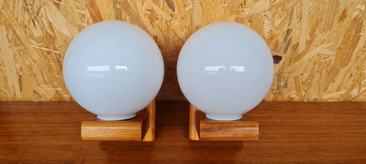 Pair of pine and opaline wall lamps