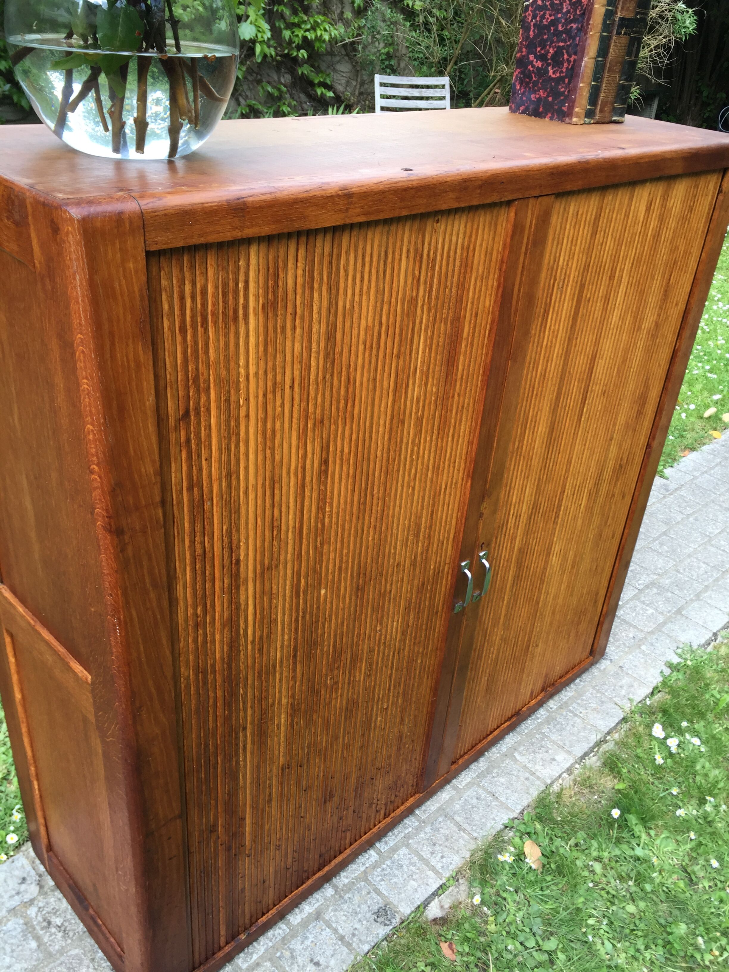 Low cupboard / curtain 1950 vintage blond oak buffet