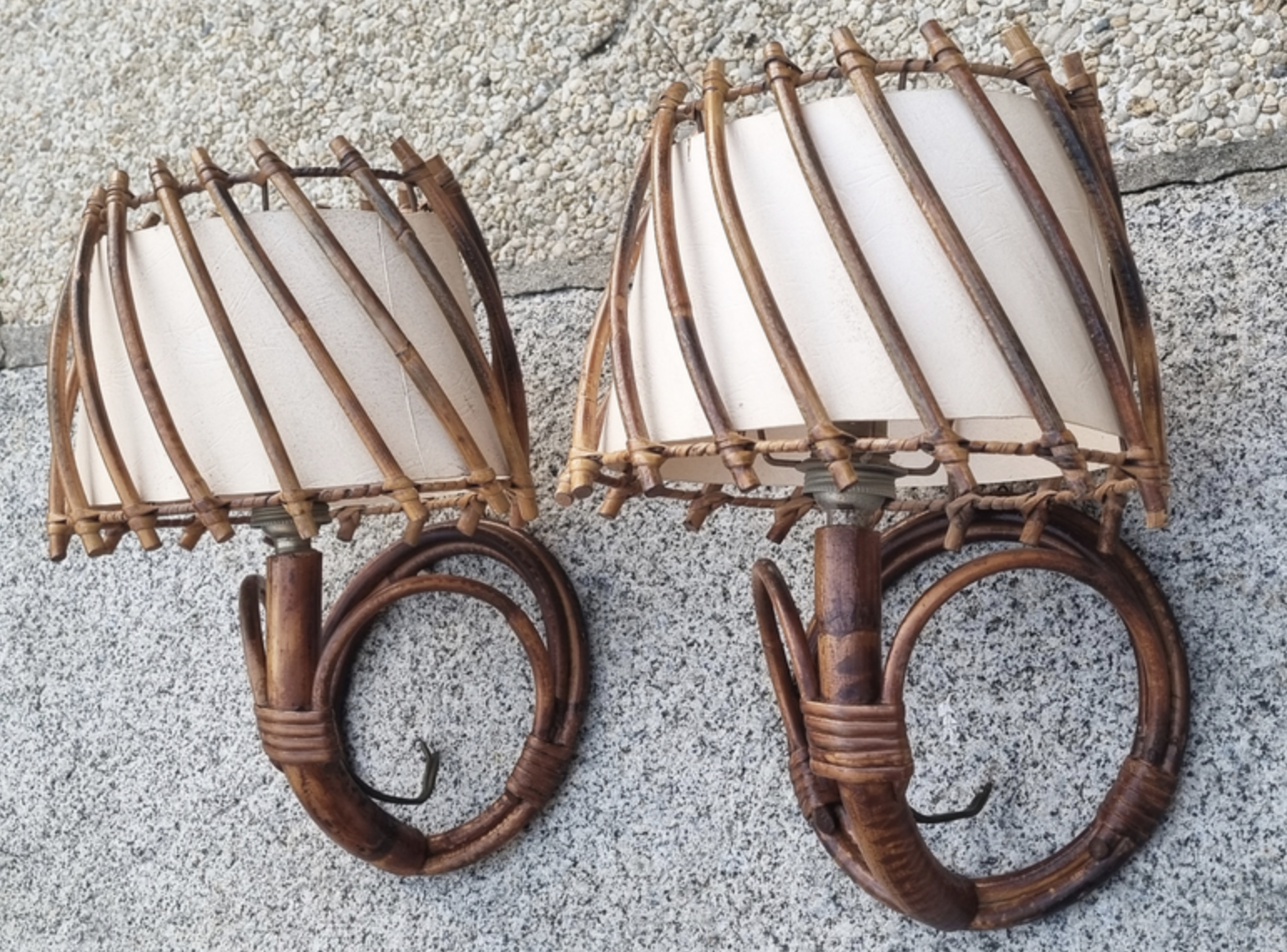 Pair of rattan bamboo sconces,  vintage, 60s