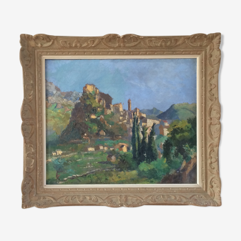 Tableau ancien peinture à l'huile sur toile,  paysage de Fontarabie signé Georges Prestat