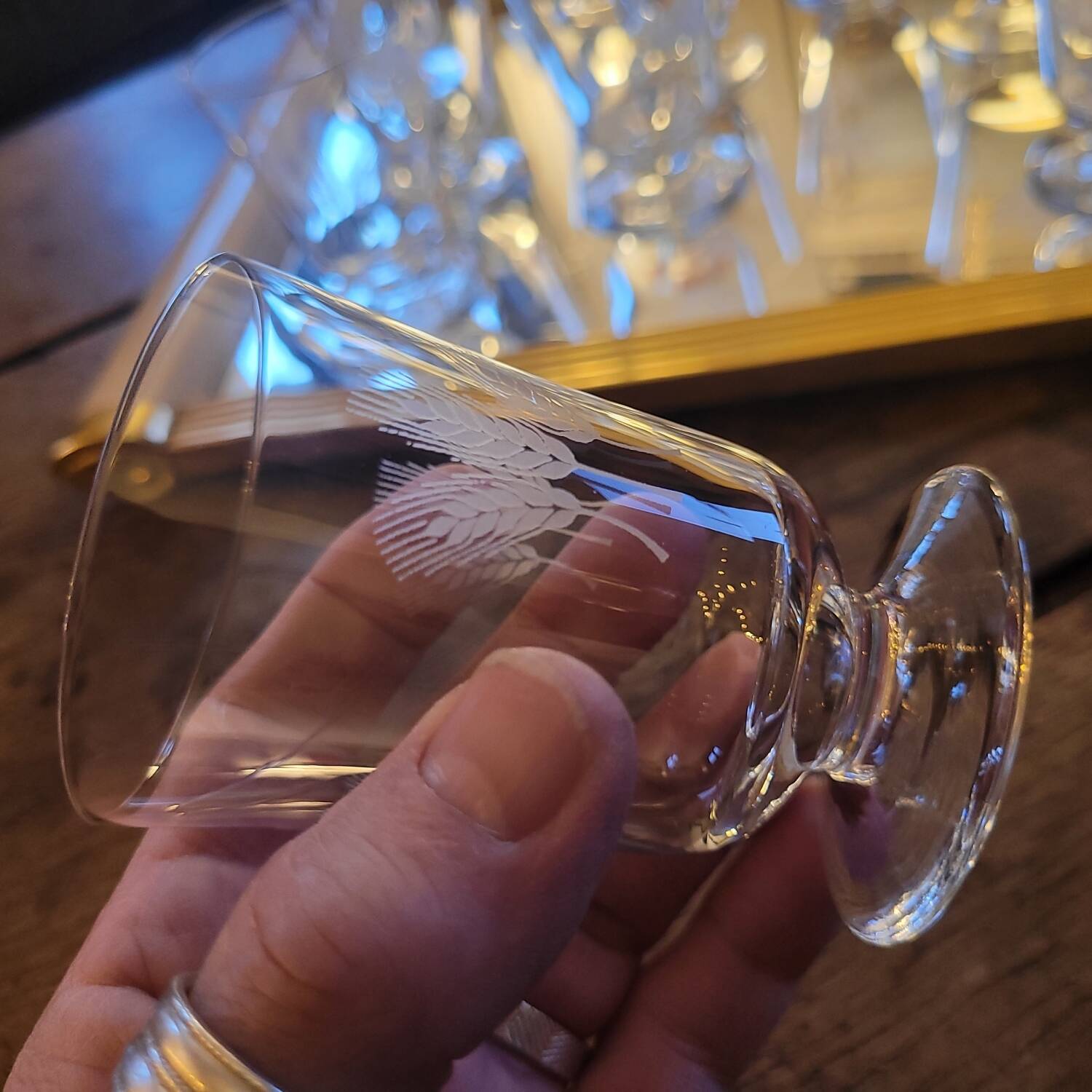 Set of 12 engraved stem glasses with ear of corn pattern from the 60s.