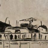 Drawing on panel representing the port of Nantes mid-20th century